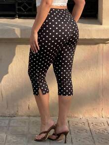 Hourglow Quần legging capri chấm bi xẻ gấu mới, cạp chun co giãn mặc thường ngày, quần áo nữ size lớn - màu nâu - Xem 2