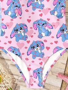 Cute Pink Heart Lip Print Cartoon Blue Rabbit Lulu, Tween Girl Casual Simple Colorful Pattern Camisole One-Piece Swimsuit Suitable For Summer - Multicolor - View 4