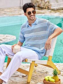 Mercer Haus YONGC Men's Fashionable Lightweight Hollow Striped Knit Polo Shirt, Breathable Short Sleeve Versatile Knit Top, Casual & Comfortable Wear For Men In Spring/Summer - Baby Blue - View 2