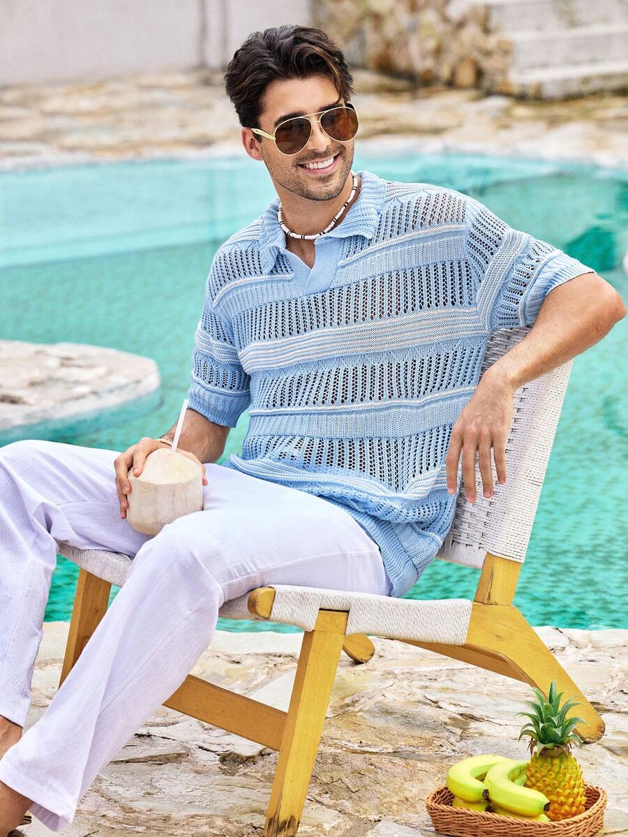 Mercer Haus YONGC Men's Fashionable Lightweight Hollow Striped Knit Polo Shirt, Breathable Short Sleeve Versatile Knit Top, Casual & Comfortable Wear For Men In Spring/Summer