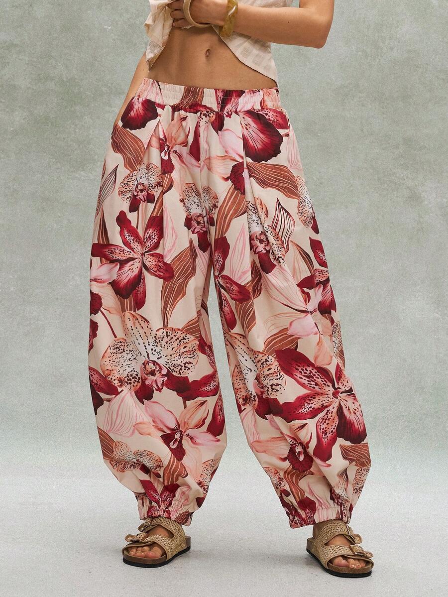 Bohemela Casual Woven Printed Loose Fit Women's Long Pants Beach Panlakad Burgundy Autumn - Multicolor - View 1