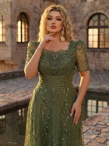 Glamrae Plus Size Elegant Romantic Champagne Square Neck Short Sleeve Sheer Rhinestone & Pearl Embellished A-Line Evening Gown For Wedding Party Celebration Formal Occasion Event (Intricate Design) - Army Green - View 3