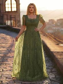Glamrae Plus Size Elegant Romantic Champagne Square Neck Short Sleeve Sheer Rhinestone & Pearl Embellished A-Line Evening Gown For Wedding Party Celebration Formal Occasion Event (Intricate Design) - Army Green - View 4
