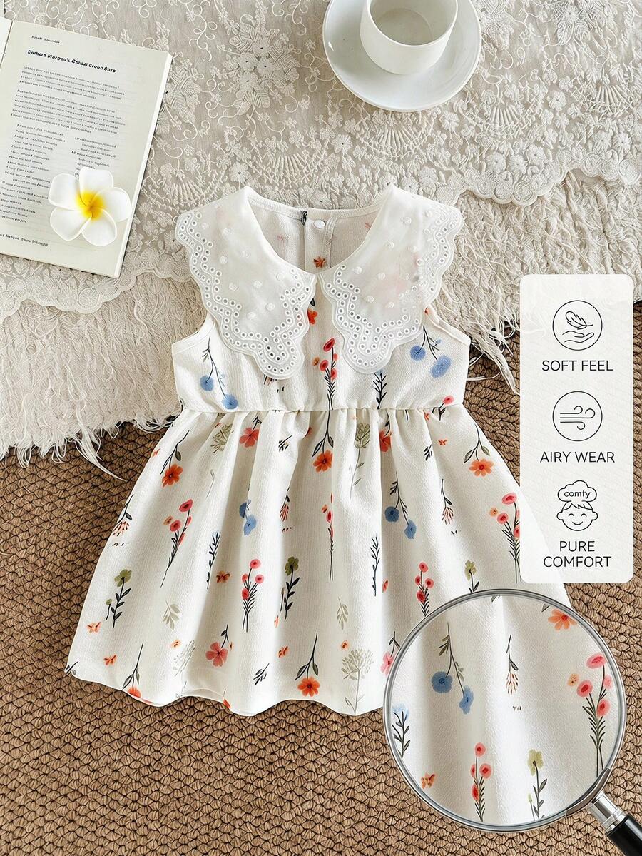 SHEIN Elladie kids 女婴甜美公主蕾丝边无袖连衣裙,粉色,夏季 - 白色 - 查看 1