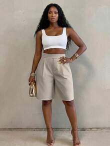 BamGlimmer Women's Summer Minimalist Elegant Casual Solid Color Elastic Waist Shorts Brunch Business Khaki - Apricot - View 2