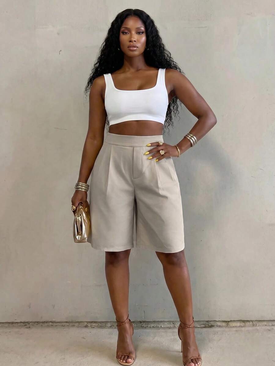 BamGlimmer Women's Summer Minimalist Elegant Casual Solid Color Elastic Waist Shorts Brunch Business Khaki