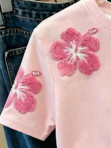 Girls' Pink Short T-Shirt With All-Over Floral Print, Basic Versatile Casual Top For Daily Wear, Suitable For Outings And Street Style, Spring, Summer, Autumn - Multicolor - View 6