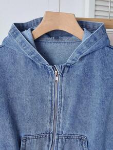 SHEIN Girls' Blue Denim Hooded Cropped Jacket - Medium Wash - View 6
