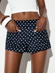 Aveloria GENKIRA Navy Blue Colorblock Random Polka Dot Print Low Waist Pocket Design Ultra Short Women's Shorts French Vintage Exquisite Elegant Vacation Y2K Casual - Navy Blue - View 5