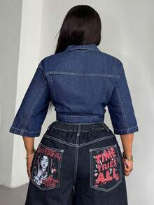 Jeanoix Y2K Plus Size Denim Jacket, Slim Fit Asymmetrical Cropped Jacket, Dark Blue Denim Jacket - Dark Wash - View 2