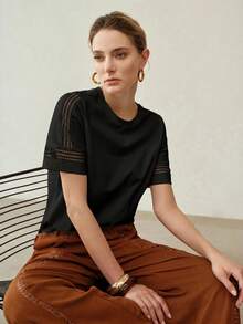 MOTF PREMIUM WOMEN'S CASUAL VACATION BLACK CONTRAST LACE SHORT SLEEVE T-SHIRT - Black - View 1