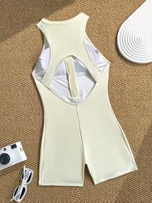 Swim SPRTY Nuevo traje de baño de una pieza sin mangas con cremallera de unicolor, estilo deportivo - Beis - Ver 4