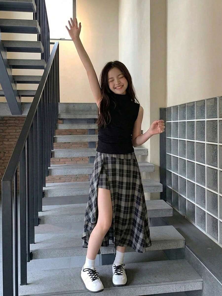 Hapijoa 青少年女孩夏季休閒素色背心上衣 & 格紋不對稱下擺裙 2件套 - 黑色 - 查看 1
