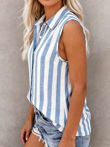 SHEIN Holidaya Damen Frühling & Sommer Neu Elegant Lässig Grau-Weiß Vertikale Streifen Kragen Ärmellos Bluse – Locker Atmungsaktiv Einreihige Weste, Vielseitig Slim-Fit Layering Hemd Für Frühling & Sommer - Blau - Übersicht 3