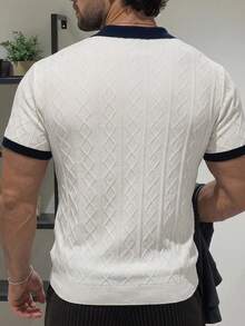 DAZY Plus Size Men's Two-Tone Color Block Ribbed Geometric Pattern Knit Top Summer - White - View 2