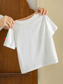 SHEIN 女童 1件 櫻桃刺繡休閒T恤，夏季 - 白色 - 查看 2