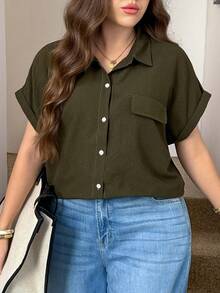 SHEIN LUNE 大尺碼女款休閒傳統舒適格紋拼接襯衫，百搭鄉村音樂會正式畢業場合，軍綠色 - 軍綠色 - 查看 5