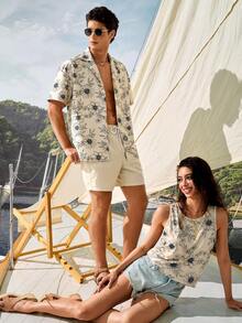 Manfinity VDAYZ Men's Floral Print Short Sleeve Shirt And Drawstring Shorts Beach Set Couple Matching Swimwear Matching Swimwear For Couples Couple Beach Holiday Vaca - Multicolor - View 3
