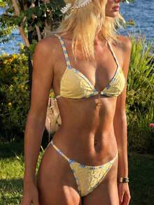 Swim Mod Women's Special Fabric Patchwork Yellow Trim Triangle Cup Adjustable Shoulder Strap Accessory Decor Two-Piece Swimsuit Set Beach Vacation Tropical - Light Yellow - View 1