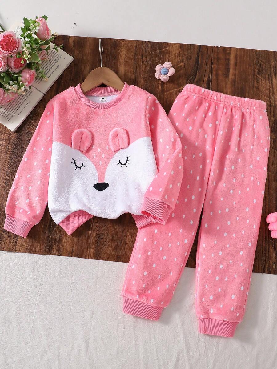 SHEIN Elladie kids 1件裝少女可愛粉色柔軟毛絨鹿斑點長袖加厚2件式上衣褲套裝,派對秋季日常穿著,新穎好玩合身,防曬防寒 - 粉色 - 查看 1