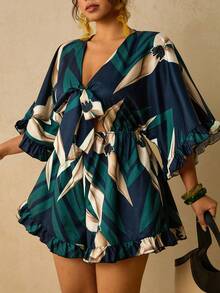 Travachic Plus Size Holiday Solid Color Batwing Sleeve, Ruffle Hem, Tie Waist Jumpsuit Fall - Multicolor - View 1