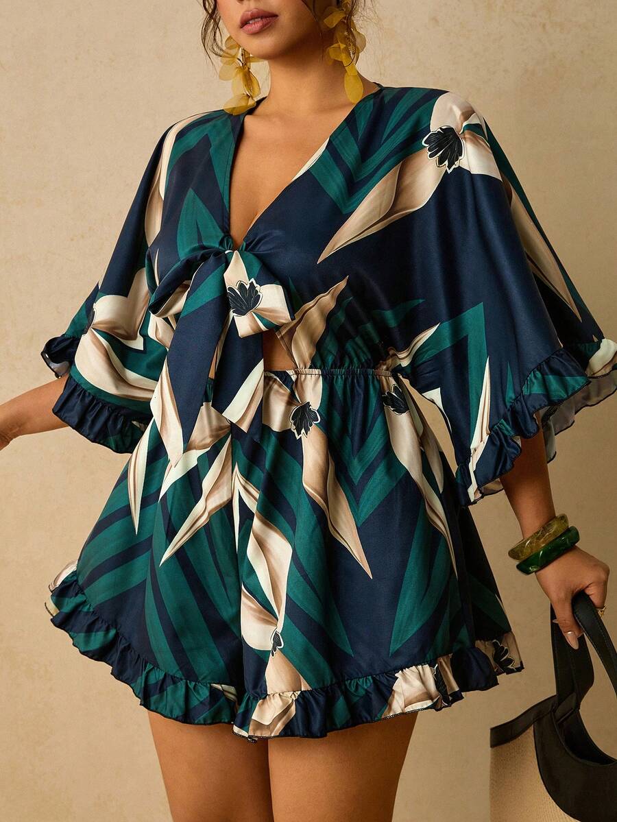 Travachic Plus Size Holiday Solid Color Batwing Sleeve, Ruffle Hem, Tie Waist Jumpsuit Fall - Multicolor - View 1