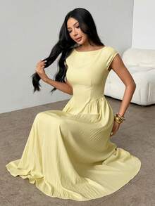 SHEIN PETITE Women's Elegant Casual Fashion New Style Vacation Cap Sleeve Waist-Defining A-Line Umbrella Midi Dress In Yellow ,Petite Women - Light Yellow - View 7