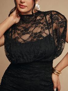 SHEIN BAE CURVE Vestido mini de encaje negro para mujer talla grande - Negro - Ver 7
