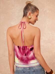 Lumalex Pink Abstract Floral Print Halter Crop Top Crisscross Neck Tie Back Layered Chiffon Overlay Asymmetric Hem And Lettuce Edge Trim Perfect Summer Top - Multicolor - View 15