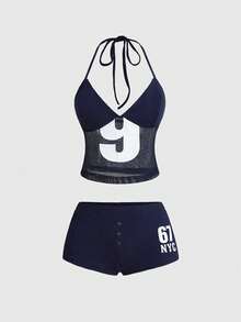 ROMWE Spring/Summer Y2K Hot Girl Sporty World Cup Outfit Digital Print Tight Halter Neck Tank Top And Mini Shorts 2pcs Set - Navy Blue - View 10