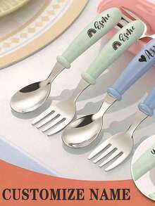 2 piezas Juegos de cubiertos de acero inoxidable personalizables para niños con patrones grabados, cucharas, tenedores, caja de almacenamiento. Perfecto para jardines de infantes, regalo de Navidad, regreso a la escuela - Multicolor - Ver 10