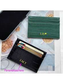 Porte-cartes de crédit personnalisé pour hommes et femmes en cuir PU motif crocodile, portefeuille de poche ultra fin monogramme, lettres initiales personnalisées, cadeau DIY pour anniversaire, Noël, vacances, voyage, stade, sports, blocage RFID, cadeau pour la fête des pères - Noir - Voir 6