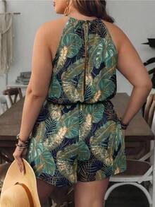 SHEIN VCAY Plus Size Floral Print White Halter Romper, Drawstring Waist Jumpsuit, Casual Countryside Mother's Day Jumpsuit - Green - View 2