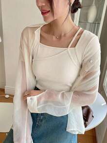 FRIFUL 女款夏季休閒素色不對稱二合一T恤 - 杏色 - 查看 4