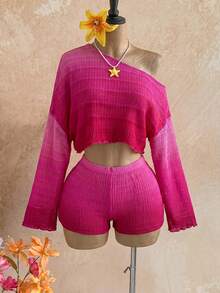 Soleia Bộ đồ 2 mảnh dành cho nữ: Áo trễ vai và quần short kiểu ombre. - Màu Hồng Tươi - Xem 3