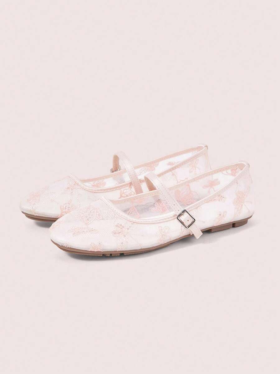 CUCCOO DOLLMOD Women's Shoes, Cute Round Toe Pink, Flower Butterfly Sequin Embroidered Mesh Upper, Metal Buckle Strap Flats, Mary Jane - Sequined Butterfly - Pink - View 1