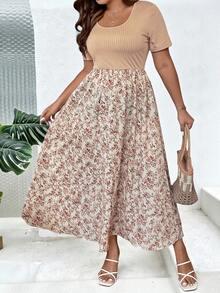 SHEIN Clasi 大尺碼碎花印花A字長洋裝女裝套裝 - 卡其色 - 查看 5