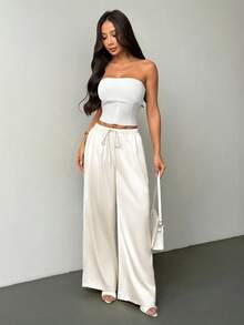 SHEIN PETITE 女款低腰休閒復古緞面百搭棕色美拉德色長裙 - 米色 - 查看 6
