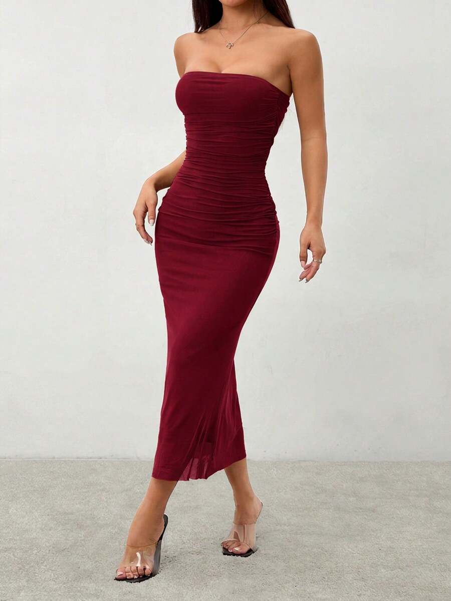 SHEIN PETITE Stil Farbverlauf Mesh Trägerloses Bodycon Kleid, Petite Frauen - Bordeaux - Übersicht 1