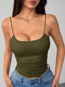 SHEIN PETITE 女款白色緊身圓領透氣基礎背心上衣，免內衣背心，適合嬌小女性 - 軍綠色 - 查看 5