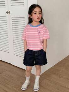 DAZY 女童彈性腰 3/4 長度牛仔短褲 夏季 - 深色水洗藍 - 查看 3