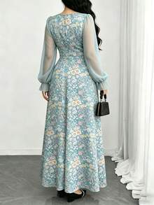 Modelyn Traumhaftes Blümchen Muster mit Stickerei Große Größen Hellblau Kleid, Damen Mode Quadratischer Ausschnitt Laternärmel Einfaches Langes Kleid, Sommer Taille Raffung Elegantes Maxikleid, geeignet für Sommerurlaub und täglichen Gebrauch - Verschiedenfarbig - Übersicht 2