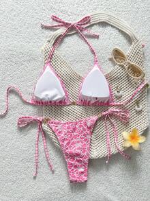 Swim Mod 女款兩件式分開式紋理多彩可愛花卉布料平口式可調節肩帶可愛三角底褲熱銷海灘度假休閒優雅情人節派對比基尼套裝女款度假優雅海灘穿搭泳衣 - 彩色 - 查看 2