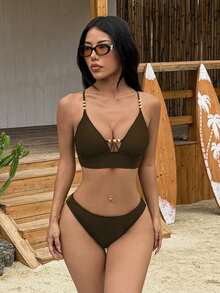 Swim Vcay 女款春夏性感純黑色交叉綁帶設計休閒款 + 金色珠飾亮眼比基尼套裝 - 棕色 - 查看 8