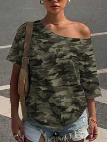 Muchica Women's Plus Size Asymmetrical Shoulder Casual Loose Camouflage T-Shirt - Multicolor - View 6