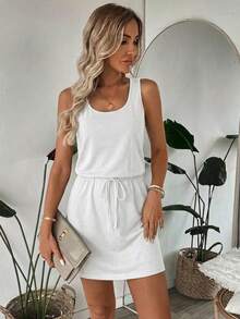 SHEIN LUNE 95 Cotton Casual Basic Minimalist Street Style Pure Cotton Plain White Short 2-In-1 Dress, Women's Summer Going Out Vacation - White - View 4