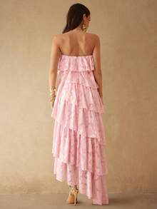 Silquee Elegant Romantic Pink Jacquard Dress With Multi-Layered Asymmetrical Ruffled Hem. Suitable For Party Vacation Wedding Dresses And Graduation Summer - Pink - View 2