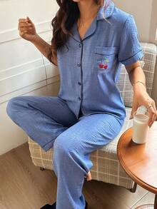 Napfluff Women's Blue Pocket Cherry Embroidery Collar Short Sleeve Pajama Set - Navy Blue - View 1