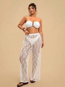 Travachic Pantalones de playa transparentes de encaje de unicolor para mujer talla grande, casual, vacaciones, atuendos de vacaciones para mujer, vacaciones, atuendos de vacaciones de verano, atuendos de vacaciones para mujer, vacaciones - Blanco - Ver 6
