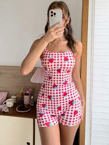 SweetSlumber Sweet Cute Strawberry Plaid Pattern Strappy Women's Pajama Jumpsuit - Multicolor - View 3